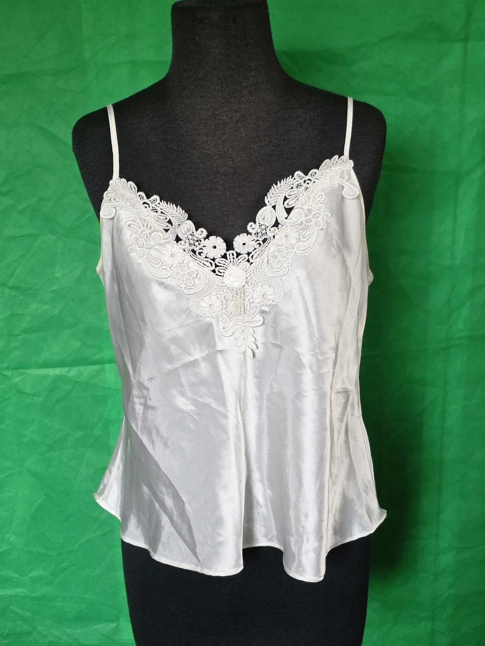Delicates Satin Slip Camisole White Lace Lingerie Top  Medium